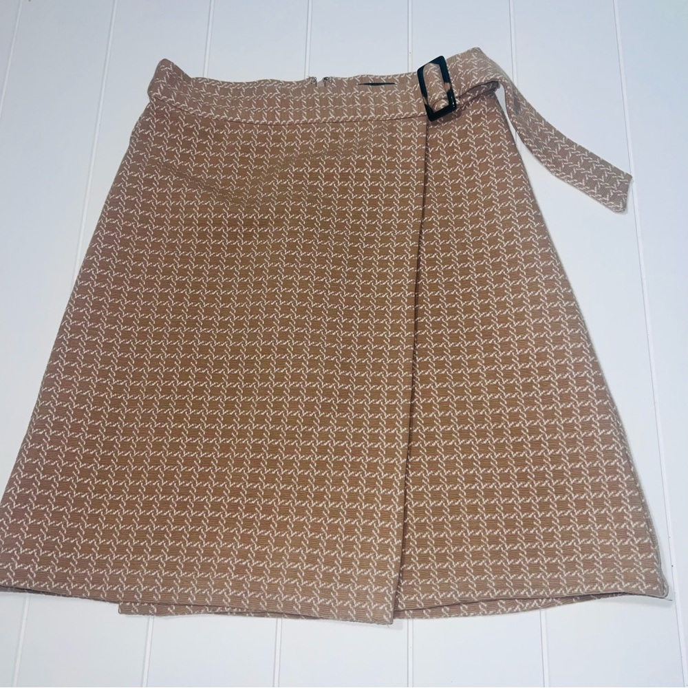 Ann Taylor Camel Brown Houndstooth Belted Wrap Skirt - Size 4